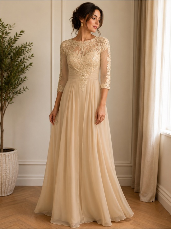 Formal Dress Dresses & Skirts - Elegant Lace Bodice Cream Wedding Dress with Three-Quarter Sleeves